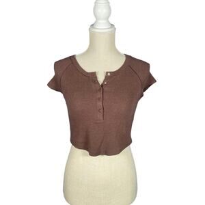 Garage Tee Womens Medium Brown Snap Ribbed Crew Neck Summer Casual Basic